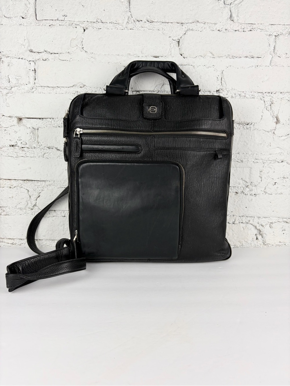 Piquadro Black Leather Vertical Briefcase Laptop Sleeve Travel Bag